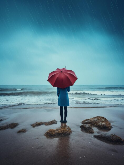 Es steht eine Frau am Strand mit einem Regenschirm.