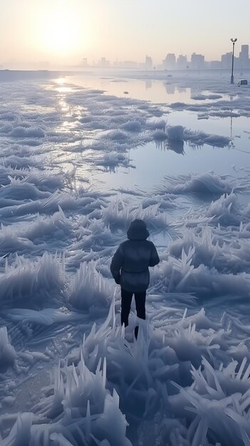 Foto es steht eine person auf dem eis mit einem snowboard im wassergenerator ai