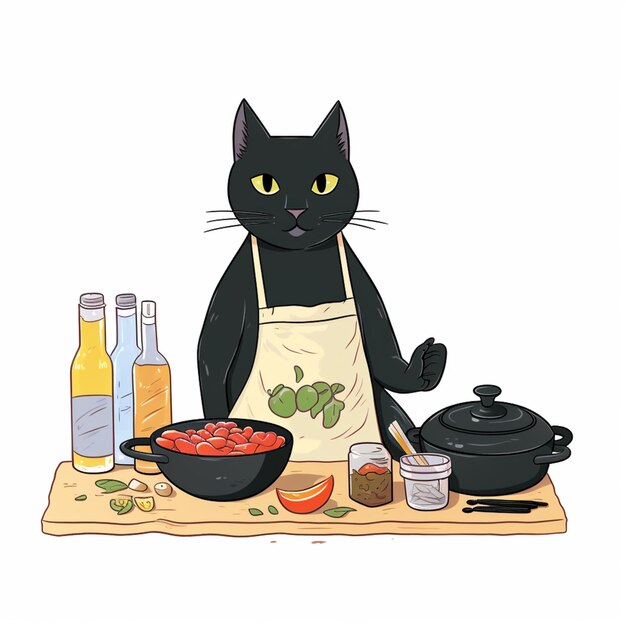 Foto es steht eine schwarze katze vor einem tisch mit nahrungsmitteln.