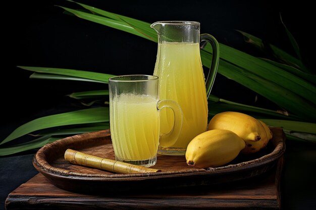 Foto es tebu o jugo de caña de azúcar recién exprimido con caña de sucre fresca