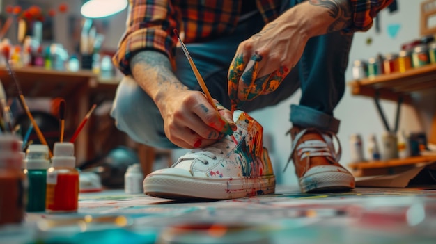 Foto este es un video de un diseñador adolescente masculino usando pinturas y pinceles para crear un par de zapatos basado en la inspiración de un par de zapatos un artista milenario crea zapatillas de deporte personalizadas con un siguiente
