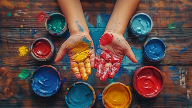 Esta es una vista de arriba de un niño pintando en una mesa con suministros de arte