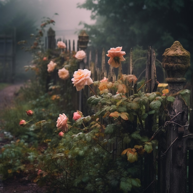 Es wachsen viele rosa Rosen auf einem Zaun im Nebel.