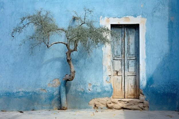 Es wächst ein Baum aus einer Tür vor einer blauen Wand.