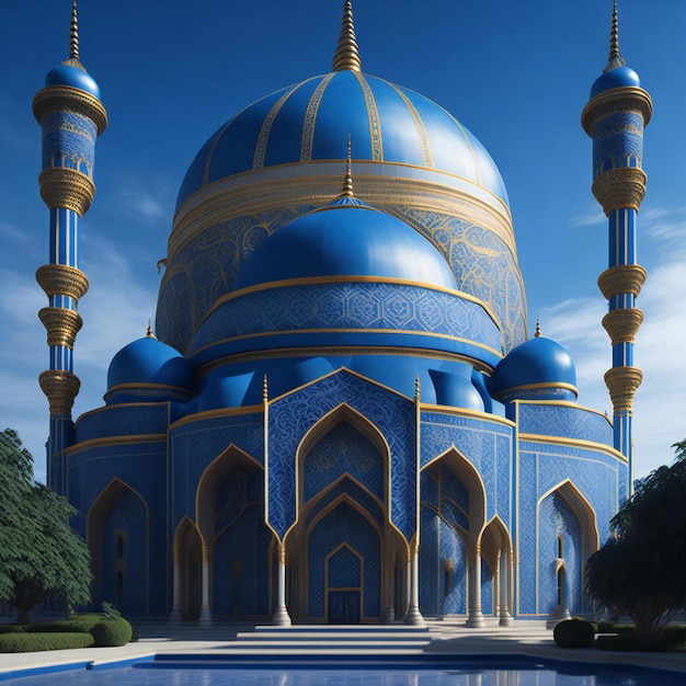 Es wurde eine ruhige Darstellung einer majestätischen blauen Moschee mit einer verzierten blauen Kuppel erstellt