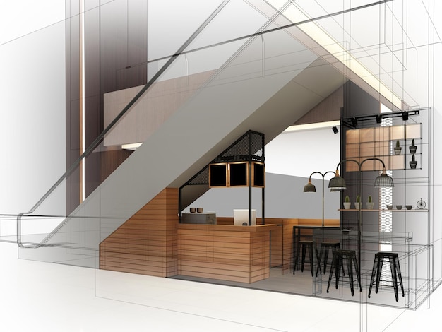 Esboçar o design da renderização em 3d da cafeteria