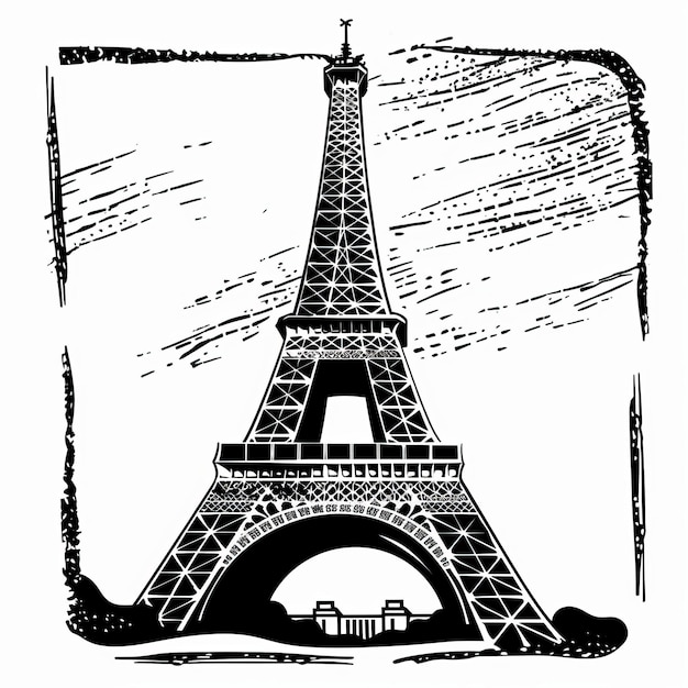Esboço artístico em preto e branco da Torre Eiffel de Paris Arquitetura icônica com um estilo texturizado vintage