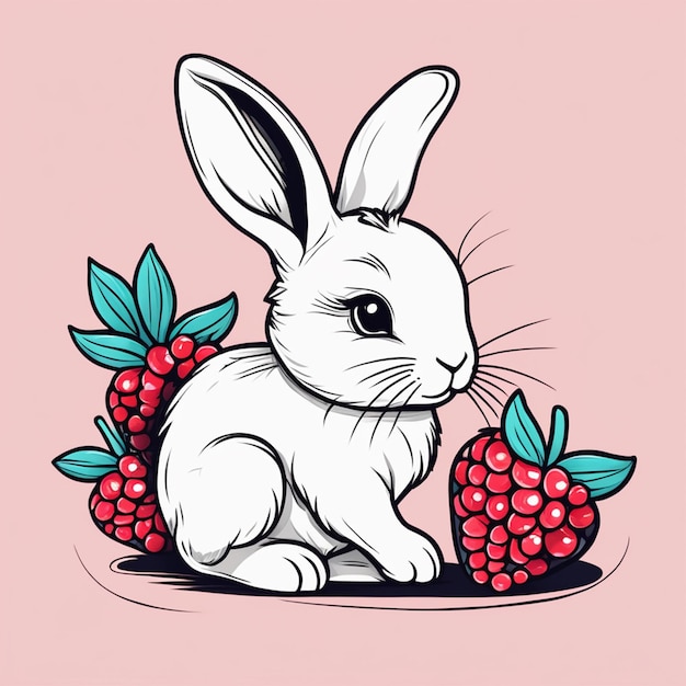 Esboço Coelhinho Fofo Com Berry Ilustração Simples Tendência Pro Hd Uhd Linha Ultra Fina