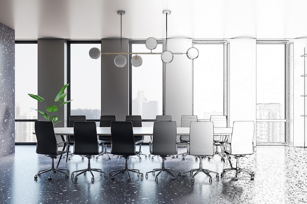 Esboço criativo desenhado à mão do interior da sala de reuniões moderna com móveis e vista panorâmica da cidade Esboço de design e conceito de planta renderização em 3D