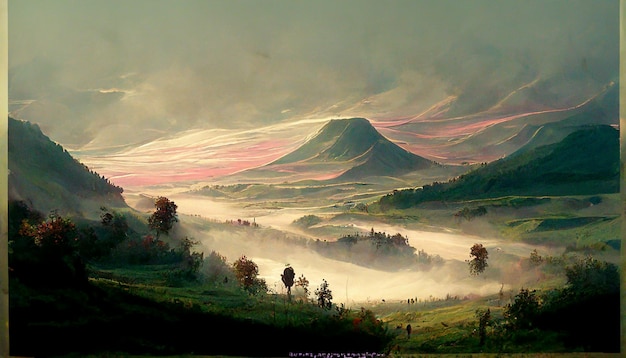 Esboço de arte da ilustração pacífica natural. Fabulosa paisagem aquarela de montanhas, flores