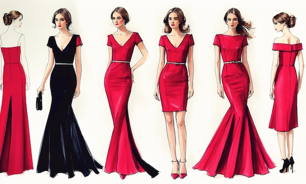 Esboço de arte de moda de uma bela jovem de vestido vermelho AI gerativa