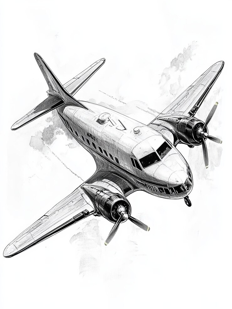 Foto esboço de avião vintage ilustração em preto e branco