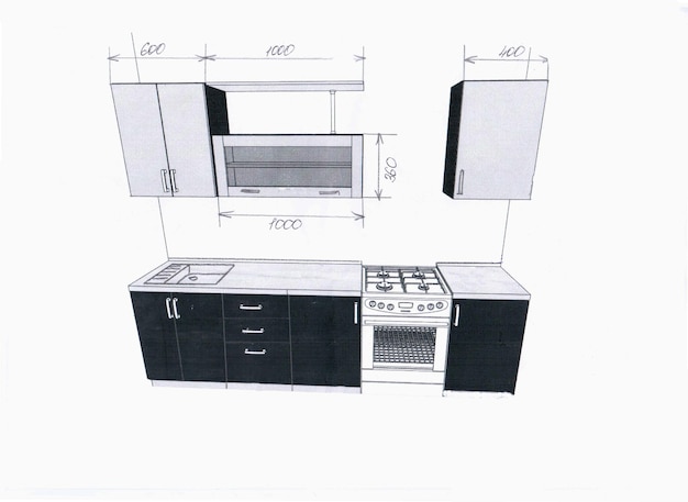 Esboço de desenho de móveis para a cozinha com dimensões