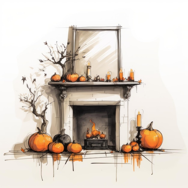 Esboço de design de interiores com tema de Halloween com lareira e abóboras