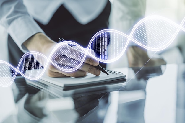 Esboço de DNA criativo e escrita manual no bloco de notas sobre biotecnologia de fundo e conceito genético Multiexposição