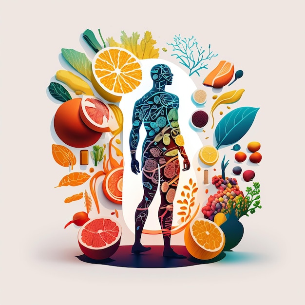 Esboço de homem abstrato de ilustração gerado por Ai com legumes e frutas Estilo de vida vegano