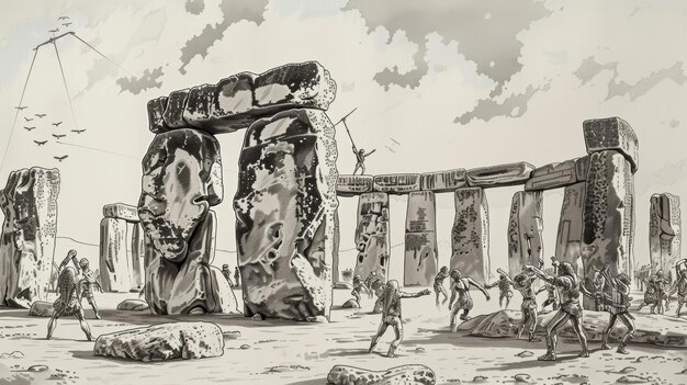 Esboço de Homo sapiens construindo Stonehenge ilustrando cooperação e engenhosidade