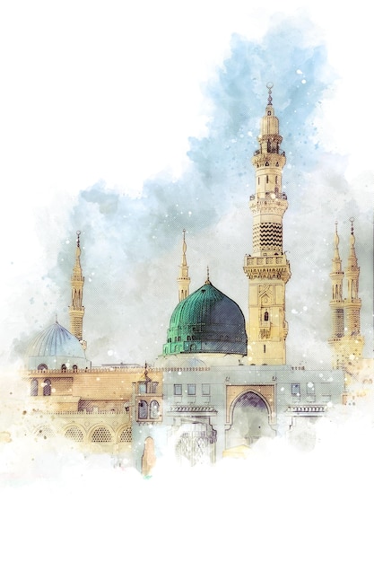 Foto esboço de pintura a aquarela de uma mesquita verde com uma cúpula verde mesquita do profeta em medina, arábia saudita