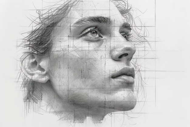 Esboço de retrato feminino hiperrealista em preto e branco feito em close-up extremo com lápis AI gerativa