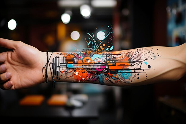 esboço de tatuagem para manga linhas abstratas explosão geométrica tinta cores brilhantes ultra realistas s