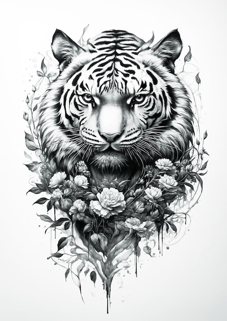 Esboço de Tigre com desenho de tatuagens de flores em fundo branco