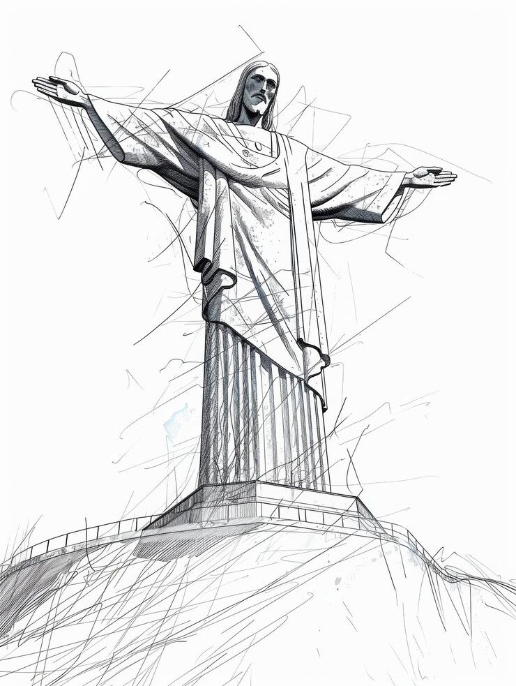 Foto esboço de tinta icônico de cristo redentor estátua monumento histórico em silhueta dramática