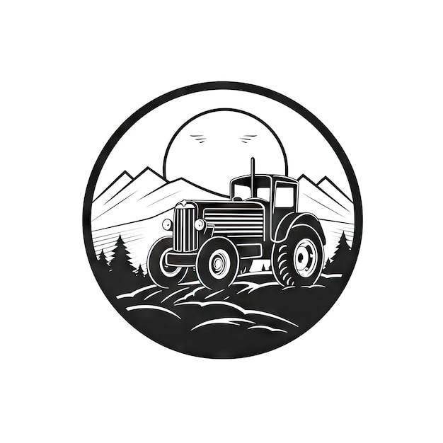 Foto esboço de trator vintage veículo agrícola com rodas grandes desenho preto e branco máquina agrícola logotipo de serviço de trator em fundo branco ilustração generativa de ia