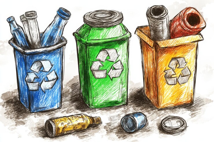 Foto esboço de três caixas de reciclagem cheias de vários materiais ilustrando o conceito de sepa de resíduos