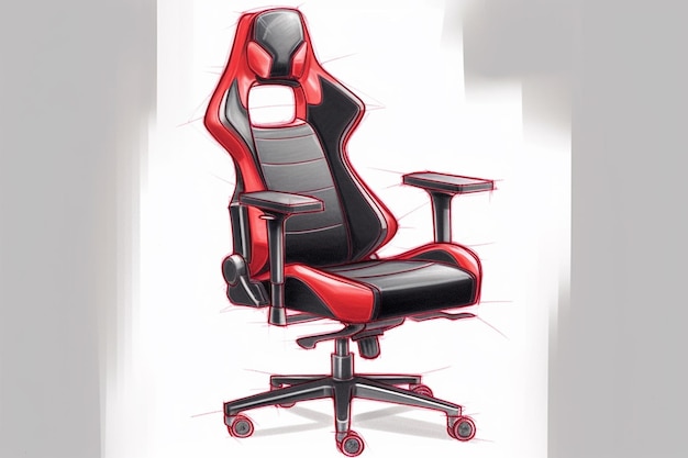 Esboço de uma cadeira com assento vermelho e preto.