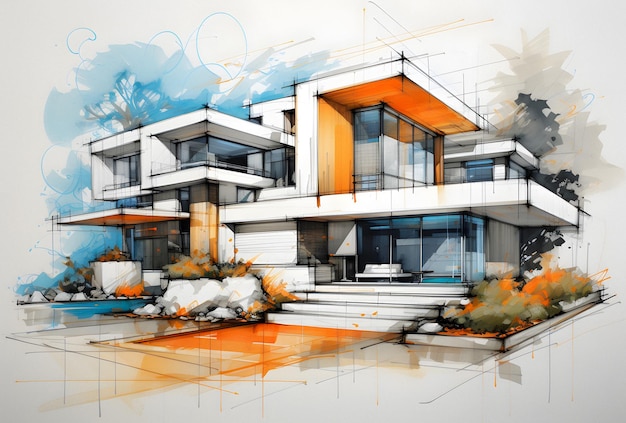 esboço de uma casa moderna com piscina e jardim IA generativa