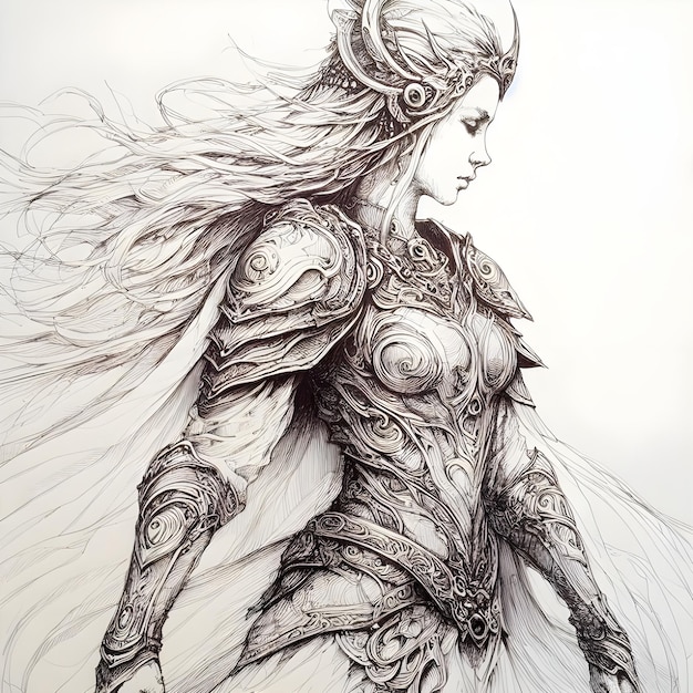 Esboço de uma garota com armadura Ilustração desenhada à mão