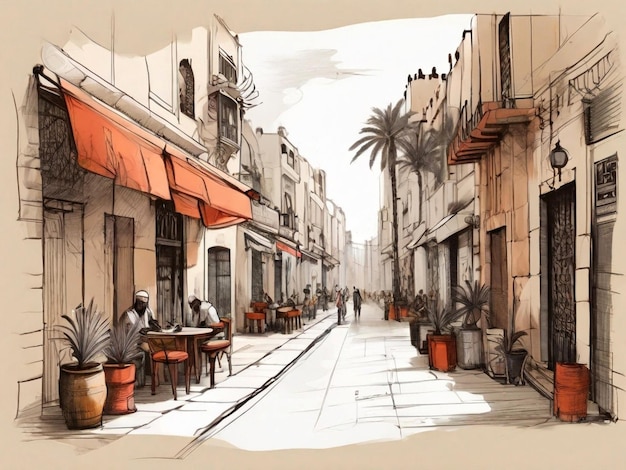 Esboço desenhado à mão da rua de Rabat