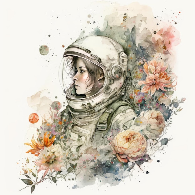 Esboço desenhado à mão de Astronauta Floral Feminino com IA generativa em aquarela