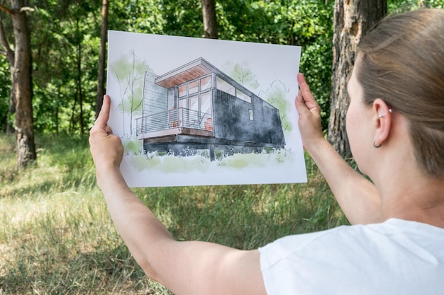 Esboço desenhado à mão de design de casa contemporânea nas mãos do arquiteto