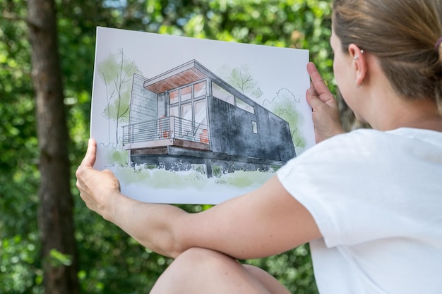 Esboço desenhado à mão de design de casa contemporânea nas mãos do arquiteto