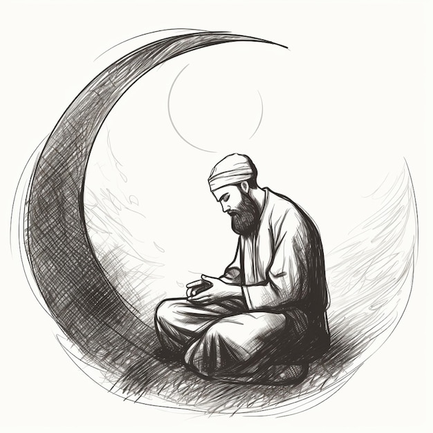 Esboço desenhado à mão de um homem muçulmano orando com caligrafia de ilustração de Eid Mubarak