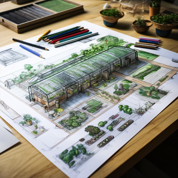 Foto esboço detalhado de um projecto de uma quinta futurista e sustentável