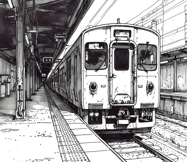 Esboço detalhado de um trem em uma estação urbana moderna