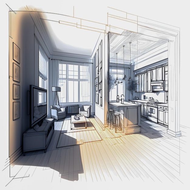 Esboço e Blueprint interior brilhante de uma nova ilustração desenhada à mão de apartamento