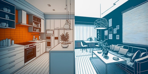 Foto esboço e blueprint interior brilhante de uma nova ilustração desenhada à mão de apartamento