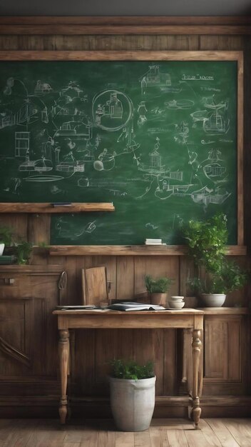 Esboço educacional verde na parede do quadro de fundo educação e conceito de conhecimento renderização 3D
