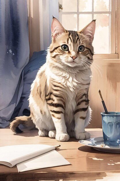 Esboço em aquarela de gato Maine fofo ilustração