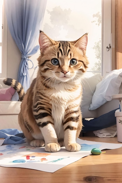 Esboço em aquarela de gato Maine fofo ilustração