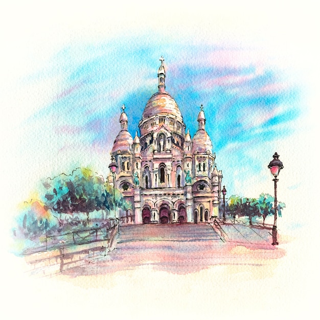 Esboço em aquarela de Sacre-Coeur, Paris, França