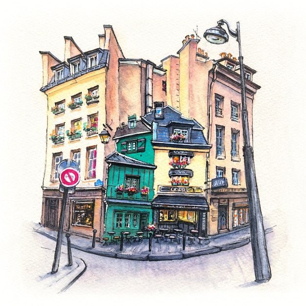 Esboço em aquarela de uma típica rua parisain, paris, frança