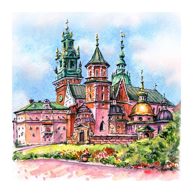 Esboço em aquarela do castelo wawel em cracóvia, polônia