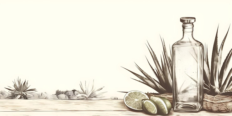 Foto esboço gravado de garrafa de tequila com plantas de agave limes e argamassa conceito ilustração de alimentos garrafa de tequila plantas de agave limes esboço gravado