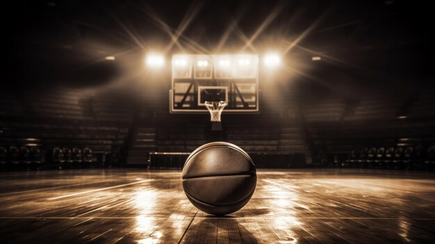 Esboço vintage de uma velha bola de basquete de couro descansando em um aro de madeira em um ginásio vazio e mal iluminado.