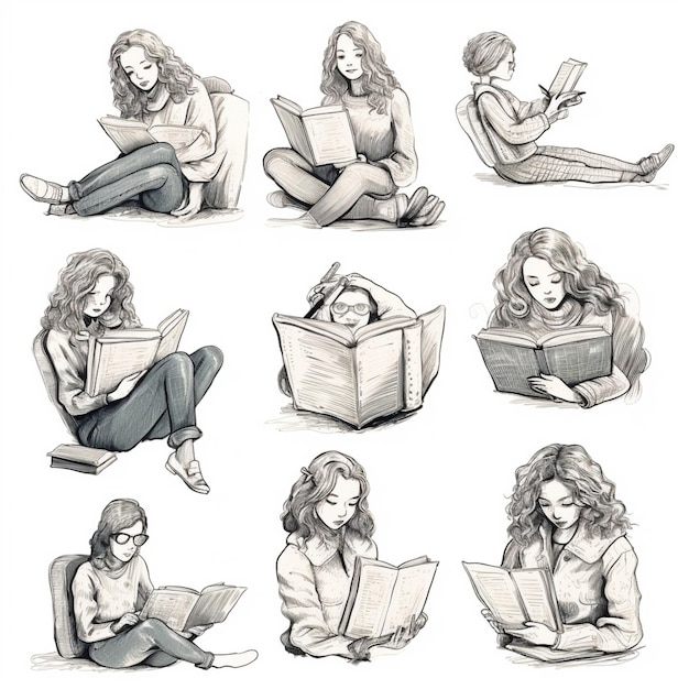 Esboços de uma mulher lendo um livro e sentada no chão generativa ai