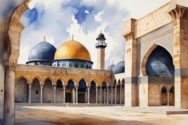 Foto esbozo en acuarela de la mezquita de al-aqsa en palestina
